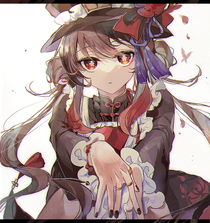 1girl, adapted_costume, alternate_costume, apron, black_nails, brown_hair, coco7, commentary