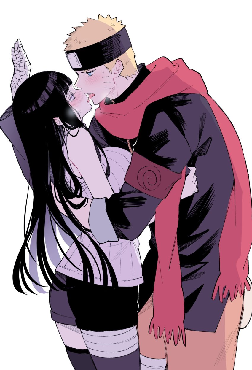 1boy, 1girl, armband, bag, bandaged_arm, bandages, black_hair, blonde_hair, blush, breath, couple, eye_contact, facial_mark, french_kiss, heavy_breathing, hetero, highres, hug, hyuuga_hinata, kiss, konohagakure_symbol, looking_at_another, naruto:_the_last, naruto_(classic), naruto_(series), red_scarf, satchel, scarf, short_shorts, shorts, simple_background, sleeveless, ting, tongue, tongue_out, uzumaki_naruto, whisker_markings