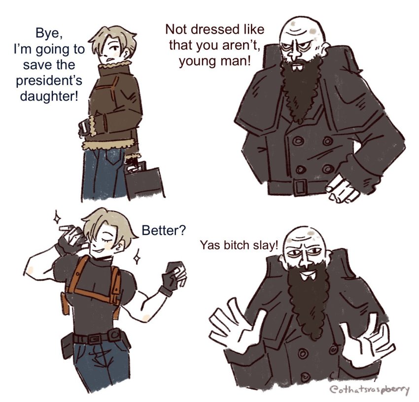 2boys, bald, beard, belt, bitores_mendez, black_shirt, blonde_hair, bomber_jacket, buttons, capelet, closed_eyes, coat, denim, double-breasted, english_text, facial_hair, fingerless_gloves, gloves, high_collar, highres, holster, jacket, jeans, leon_s._kennedy, liver_spots, long_beard, maddie_(othatsraspberry), meme, multiple_boys, overcoat, pants, resident_evil, resident_evil_4, scowl, shirt, shoulder_holster, smile, yas_bitch_slay_(meme)