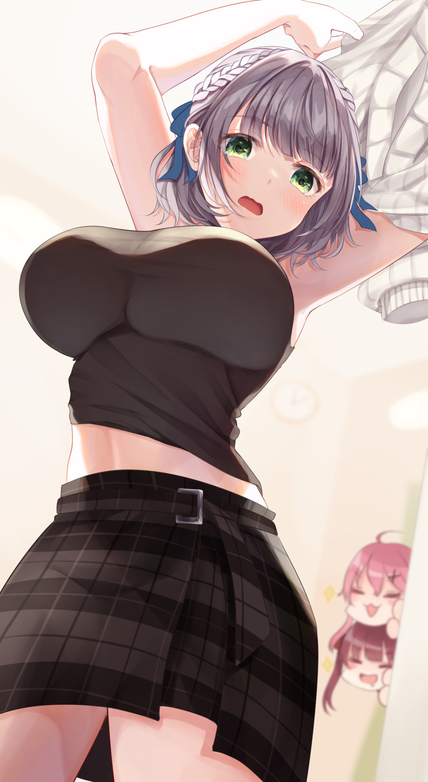 3girls, absurdres, ahoge, bare_shoulders, black_shirt, blush, breasts, green_eyes, highres, hololive, large_breasts, multiple_girls, open_mouth, pink_hair, red_hair, shagaihi, shirogane_noel, shirogane_noel_(casual), shirt, short_hair, silver_hair, skirt, sleeveless, sweater, thighhighs, thighs, unworn_sweater, virtual_youtuber, white_background