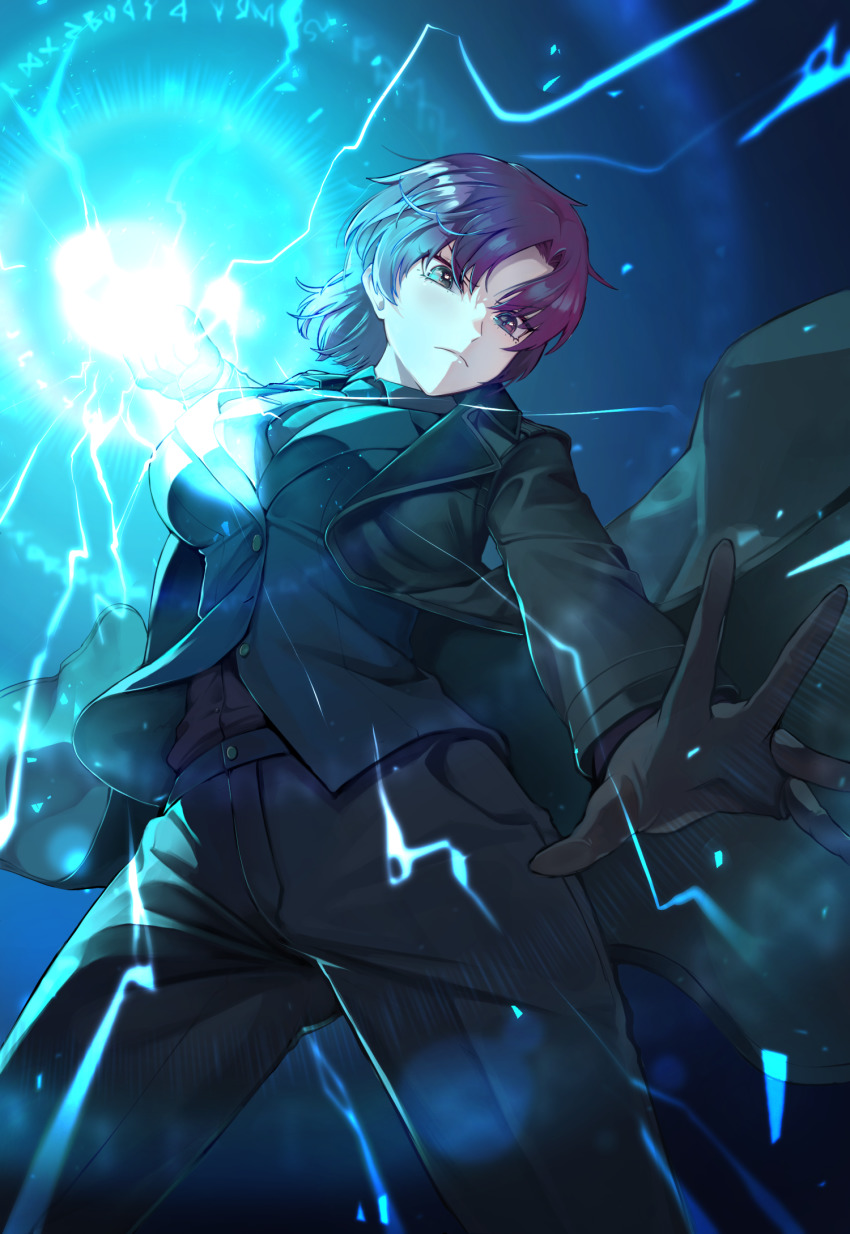 1girl, bazett_fraga_mcremitz, black_coat, black_gloves, black_pants, black_suit, breasts, coat