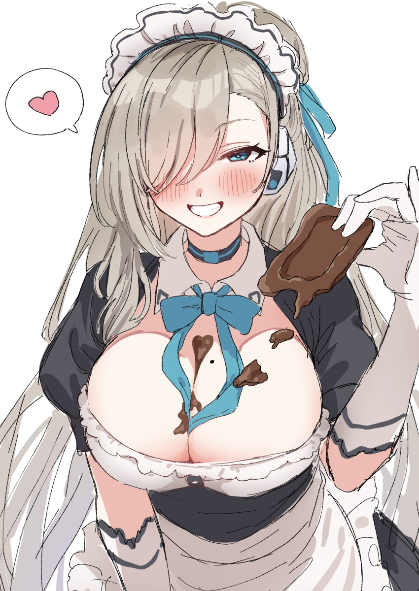 1girl, absurdres, apron, asuna_(blue_archive), blue_archive, blue_eyes, blush, breasts, chocolate, chocolate_on_body, chocolate_on_breasts, choker, cleavage, dress, elbow_gloves, food, food_on_body, gloves, grin, hair_between_eyes, hair_over_one_eye, hair_ribbon, hat, headset, heart, highres, holding, holding_chocolate, holding_food, large_breasts, light_brown_hair, long_hair, looking_at_viewer, maid_headdress, mole, mole_on_breast, nayuta_ggg, ribbon, simple_background, smile, spoken_heart, upper_body, very_long_hair, waist_apron, white_apron, white_background, white_gloves