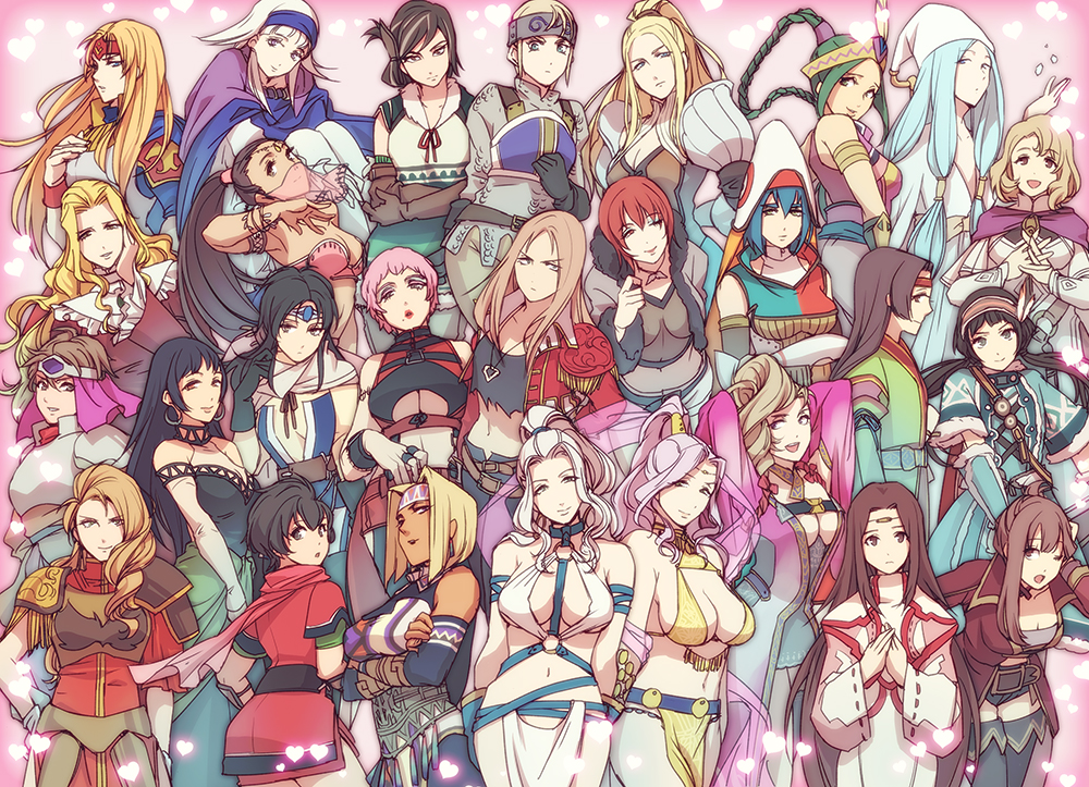 6+girls, blonde_hair, breasts, character_request, cleavage, cleavage_cutout, cleo_(suikoden), closed_mouth