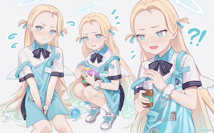 !?, 1girl, absurdres, apron, asymmetrical_hair, between_legs, black_bow, black_bowtie