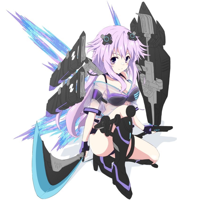 adult_neptune, bare_shoulders, bikini, boots, breasts, cleavage, fujishima_t, hair_ornament, hairclip, highres, large_breasts, long_hair, neptune_(neptunia), neptune_(series), purple_eyes, purple_hair, smile, swimsuit, sword, thighs, weapon, wings