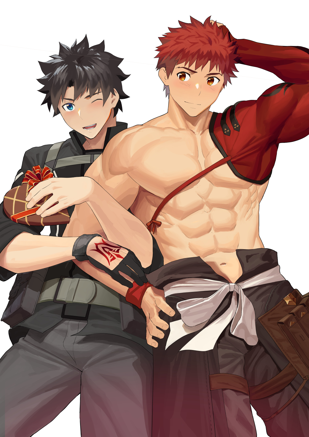 2boys, abs, bara, black_gloves, black_hair, black_jacket, black_pants, blue_eyes