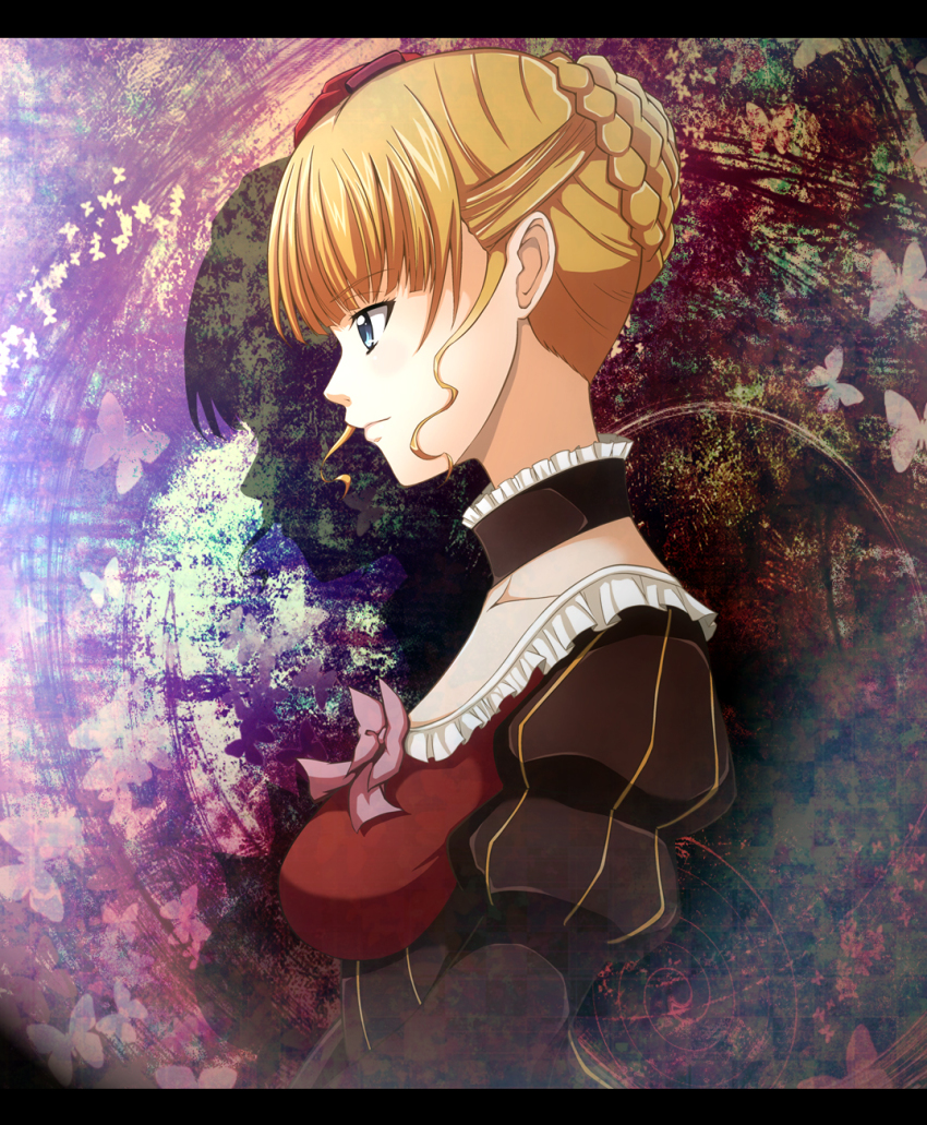 1girl, beatrice_(umineko), blonde_hair, blue_eyes, bow, breasts, bug, butterfly