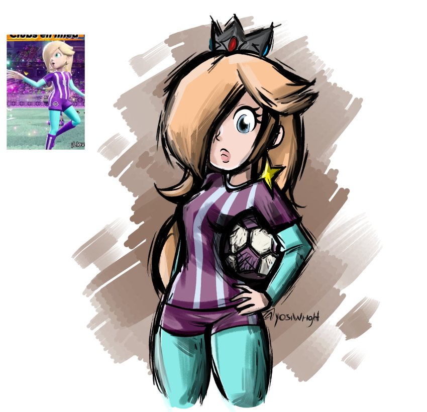 1girl, artist_name, ball, blonde_hair, blue_bodysuit, blue_eyes, bodystocking, bodysuit, bodysuit_under_clothes, breasts, brown_background, closed_mouth, cropped_legs, crown, earrings, expressionless, eyelashes, hair_over_one_eye, hand_on_own_hip, highres, holding, holding_ball, jewelry, lips, long_hair, long_sleeves, mario_(series), mario_strikers:_battle_league, mario_strikers_(series), nintendo, purple_shirt, purple_shorts, rosalina, shirt, short_shorts, short_sleeves, shorts, skin_tight, small_breasts, soccer_ball, soccer_uniform, solo, sportswear, star_(symbol), thick_lips, thighs, twitter_username, white_background, yosiwright