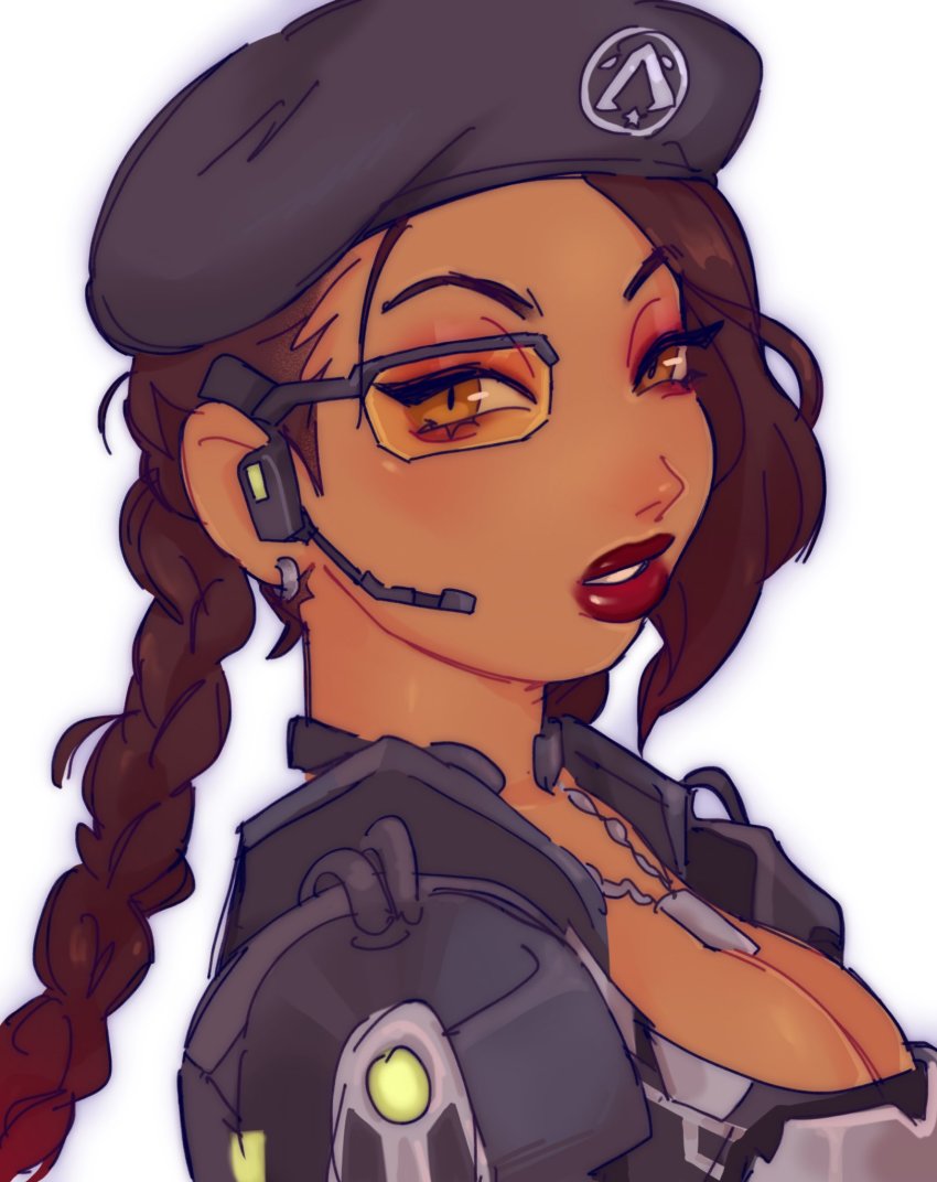 1girl, abi_(superson1co), animification, apex_legends, arms_dealer_loba, beret, black_hat, braid