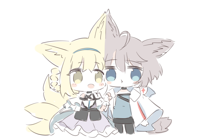 2girls, :d, :t, animal_ear_fluff, animal_ears, arknights, bare_shoulders, black_legwear