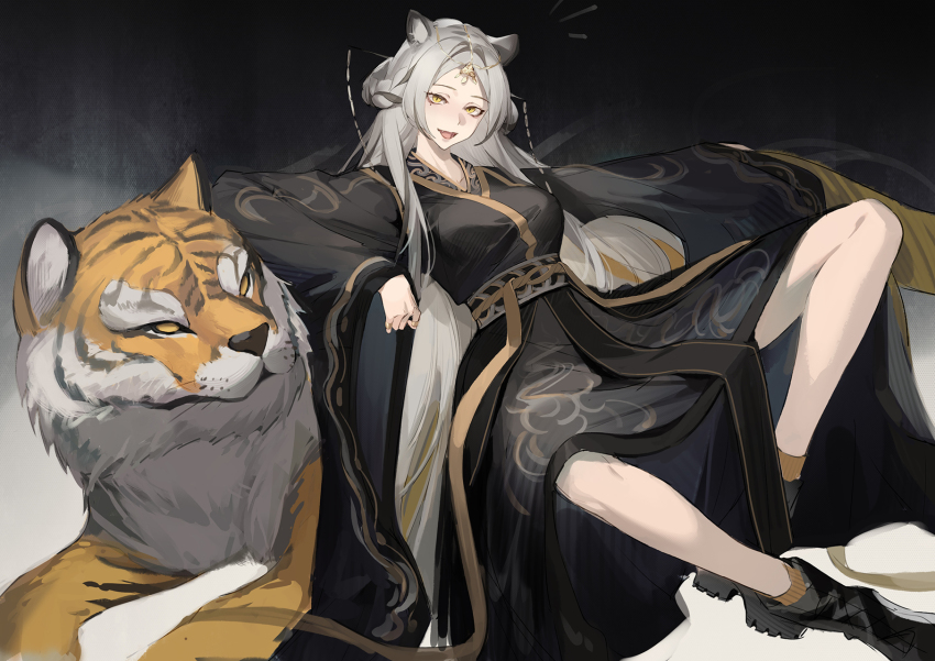 1girl, 2022, animal, animal_ear_fluff, animal_ears, black_boots, black_kimono, boots