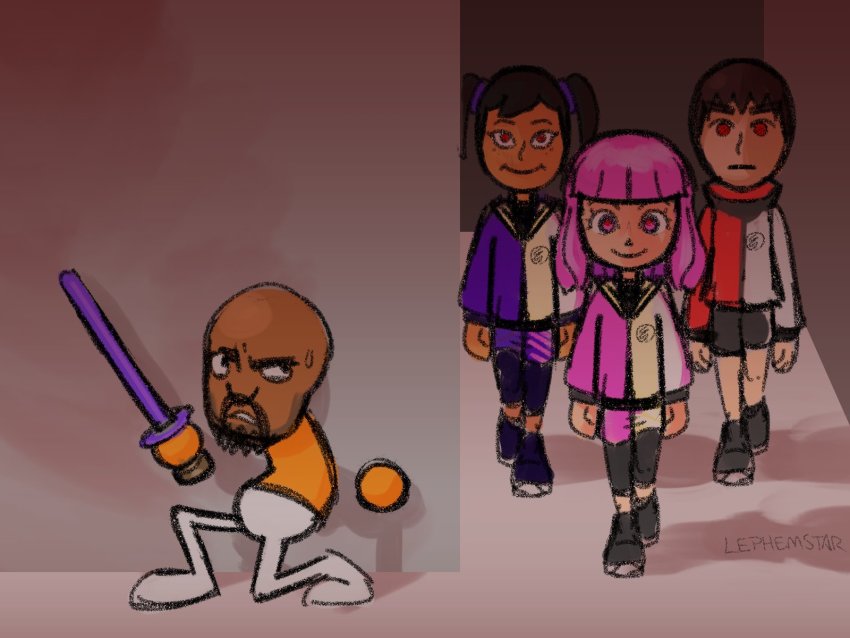 2boys, 2girls, bald, brown_hair, facial_hair, freckles, goatee, hiding