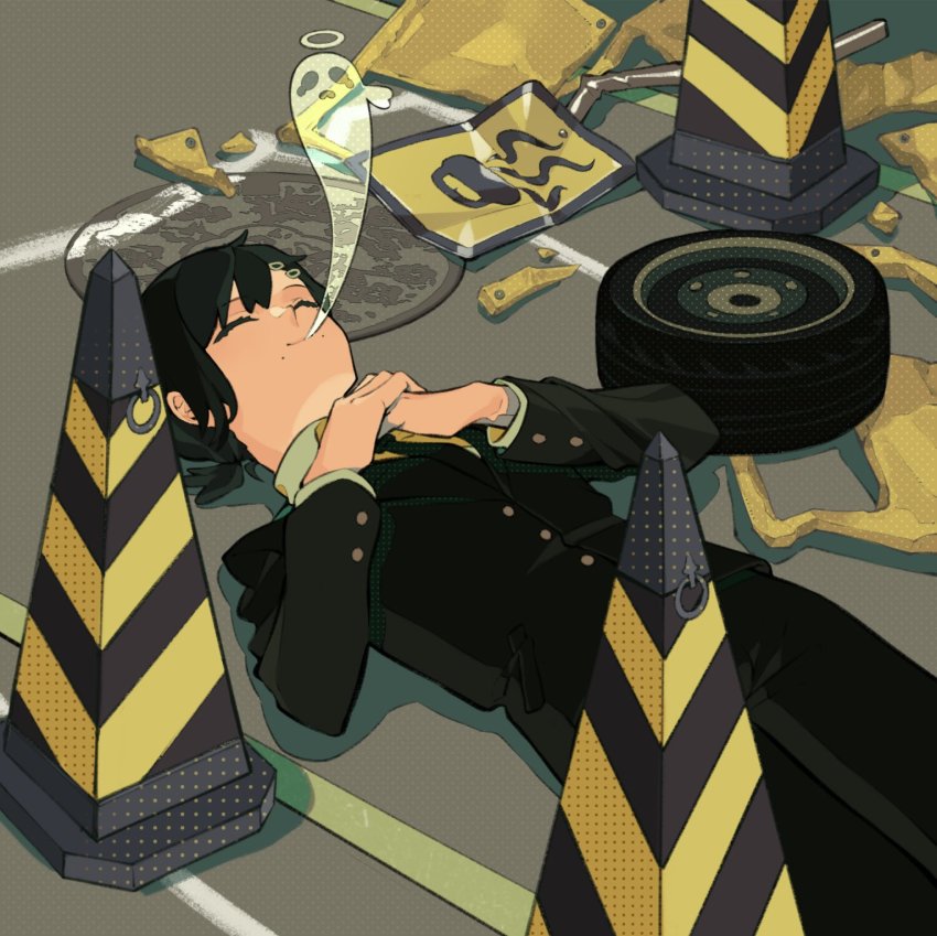 1girl, black_hair, black_jacket, black_necktie, black_pants, black_suit, buttons, chainsaw_man, closed_eyes, closed_mouth, commentary, d:, formal_clothes, ghost, giving_up_the_ghost, hair_ornament, hairclip, halo, hands_on_own_chest, higashiyama_kobeni, highres, jacket, long_sleeves, low_ponytail, lying, manhole_cover, medium_hair, mole, mole_under_mouth, necktie, on_back, open_mouth, pants, ponytail, road, road_sign, shirt, short_ponytail, sign, smile, solo, suit, tears, traffic_cone, tuzaixia, wheel, white_shirt