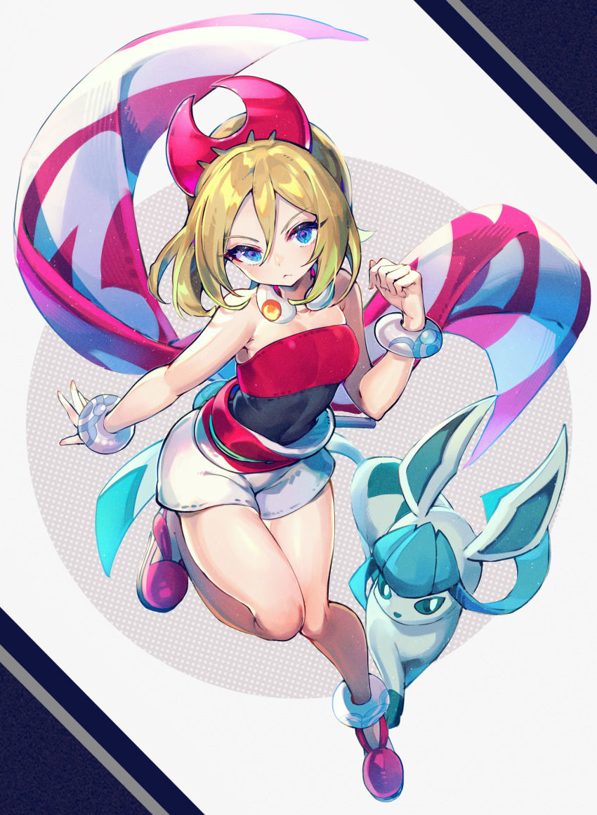 1girl, :<, anklet, blonde_hair, blue_eyes, blush, bracelet, closed_mouth, collar, commentary_request, frown, gen_4_pokemon, glaceon, hair_between_eyes, hairband, hand_up, highres, irida_(pokemon), jewelry, looking_at_viewer, neck_ring, nintendo, pokemon, pokemon_(creature), pokemon_legends:_arceus, red_shirt, sash, shirt, shoes, short_hair, shorts, strapless, strapless_shirt, tawan_(46okuneeen), waist_cape, white_shorts