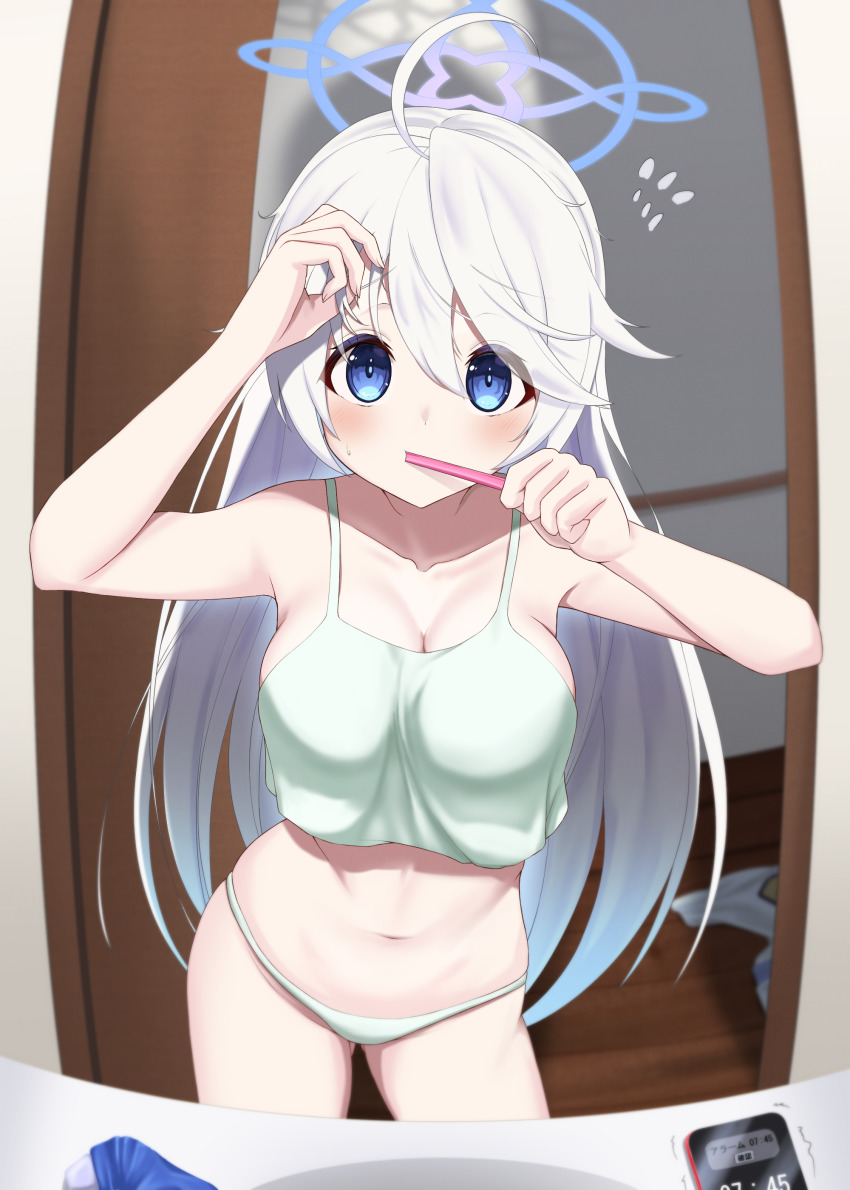 1girl, absurdres, adjusting_hair, ahoge, bathroom, blue_archive, blue_eyes, blush, breasts, camisole, cellphone, clothes, collarbone, cowboy_shot, doorway, flying_sweatdrops, ggim_(kdnx8758), green_camisole, green_panties, hair_down, halo, hand_in_own_hair, highres, holding, holding_toothbrush, kirino_(blue_archive), large_breasts, long_hair, looking_at_mirror, looking_at_viewer, mirror, no_pants, panties, phone, sink, smartphone, solo, sweat, swept_bangs, toothbrush, toothbrush_in_mouth, underwear, underwear_only, very_long_hair, white_hair, wooden_floor