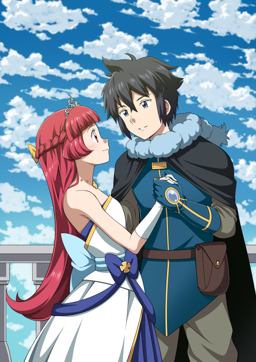 1boy, 1girl, alain_(pokemon), aria_(pokemon_anime), black_cape, black_hair, blue_tunic, blunt_bangs