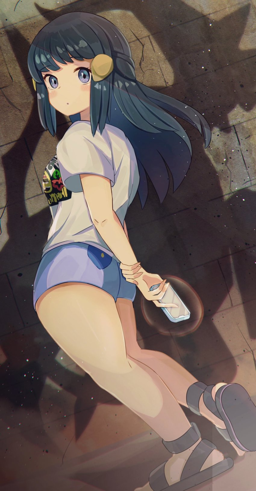 1girl, akari_(pokemon), arceus, black_hair, blush, closed_mouth, commentary_request, crack, cracked_wall, eyelashes, gen_4_pokemon, grey_eyes, hair_ornament, hairclip, highres, holding, holding_phone, legendary_pokemon, long_hair, looking_to_the_side, mythical_pokemon, nintendo, phone, pokemon, pokemon_(creature), pokemon_legends:_arceus, print_shirt, purple_shorts, sandals, shirt, short_shorts, short_sleeves, shorts, sidelocks, solo, standing, t-shirt, thighs, umiru, white_shirt