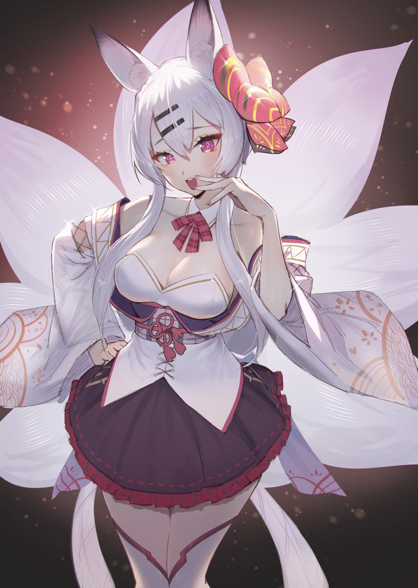 1girl, absurdres, animal_ear_fluff, animal_ears, bare_shoulders, black_skirt, blush, bow