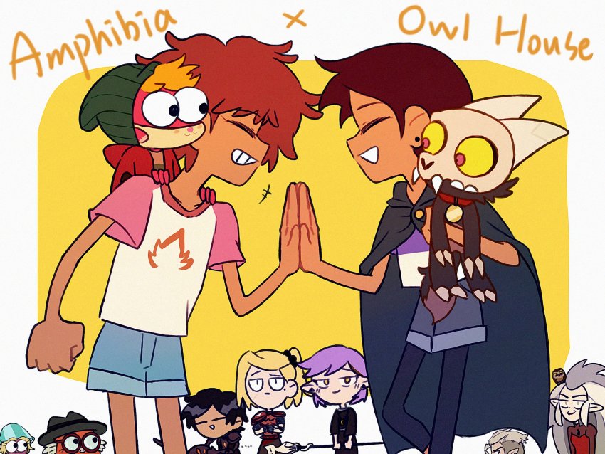4boys, 6+girls, amity_blight, amphibia, animal, animal_collar, animal_on_head, anne_boonchuy, bird, blonde_hair, brown_hair, chibi, cloak, collar, company_connection, crossover, denim, denim_shorts, disney, edalyn_clawthorne, glasses, grey_hair, hat, high_five, highres, hopediah_plantar, horns, hunter_(the_owl_house), king_clawthorne, pantyhose_under_shorts, luz_noceda, marcy_wu, multiple_boys, multiple_girls, on_head, owl, owlbert_(the_owl_house), pantyhose, polly_plantar, sasha_waybright, shorts, sprig_plantar, the_owl_house, yumi5469