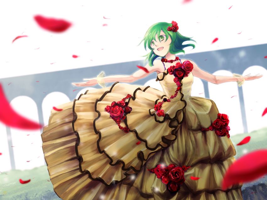 dress, european_clothes, flower, gown, green_eyes, green_hair, gumi, highres