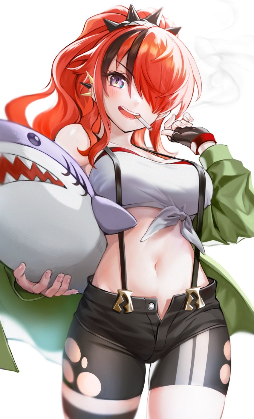 1girl, :d, bandeau, bare_shoulders, black_gloves, black_hair, black_shorts, blush