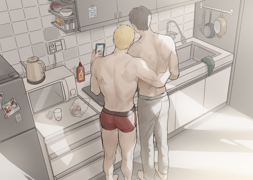 2boys, arm_around_another's_waist, ass, bertolt_hoover, black_hair, blonde_hair, boxers, contemporary