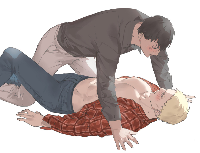 2boys, bara, bare_pectorals, bertolt_hoover, black_eyes, black_hair, blonde_hair, blush