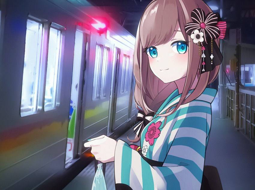 1girl, blue_eyes, bow, brown_hair, commentary_request, hair_bow, hair_ornament, holding