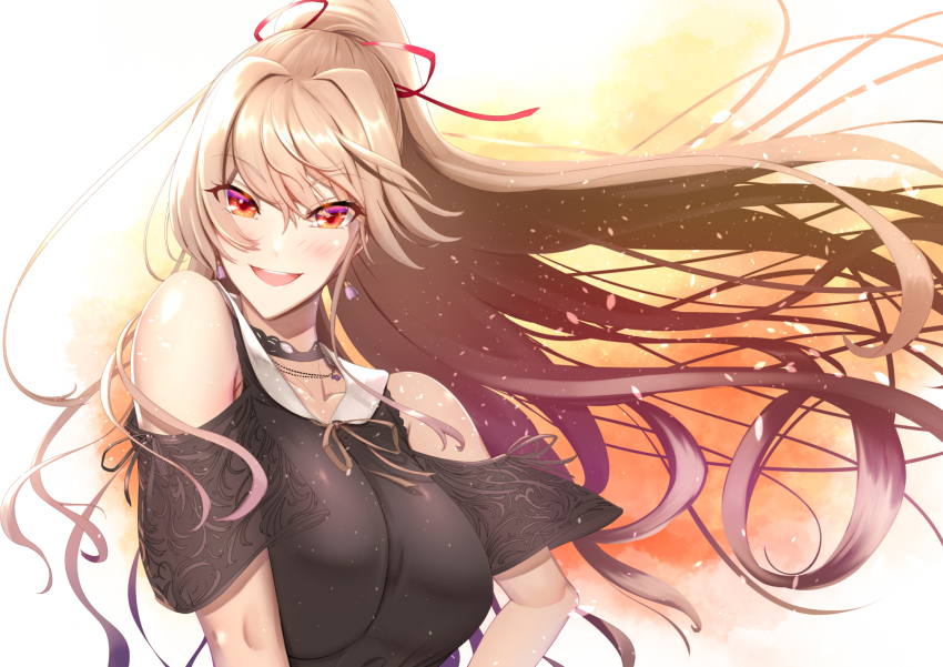 1girl, :d, bare_shoulders, black_choker, black_shirt, blush, breasts, brown_hair