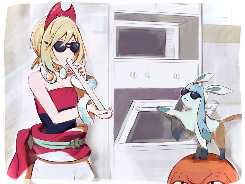 1girl, blonde_hair, breasts, collar, flute, gen_4_pokemon, glaceon, hairband