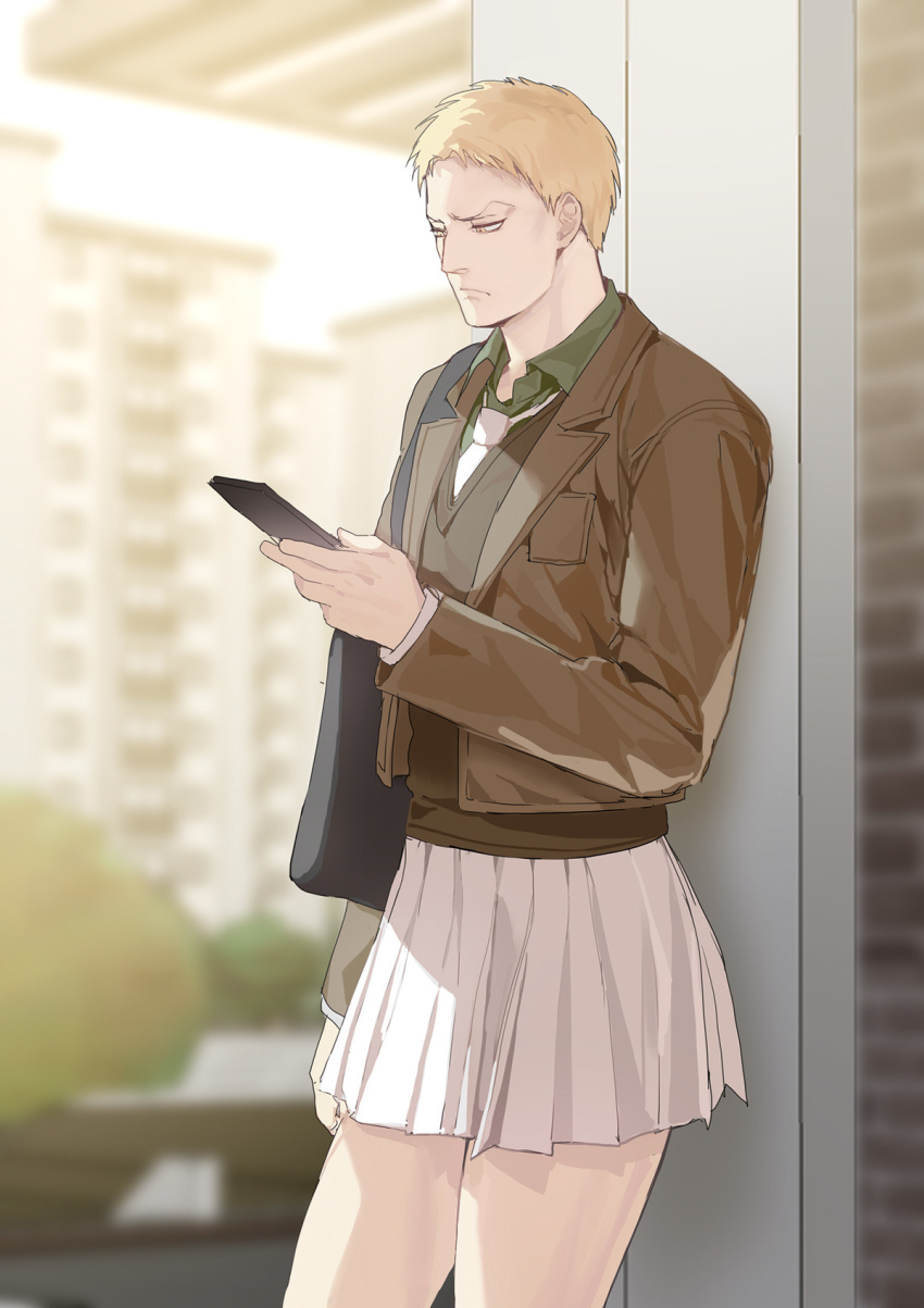 1boy, blonde_hair, brown_jacket, crossdressing, crossdressing_(mtf), cute_potato_(cute_potato_ner), feet_out_of_frame, from_side