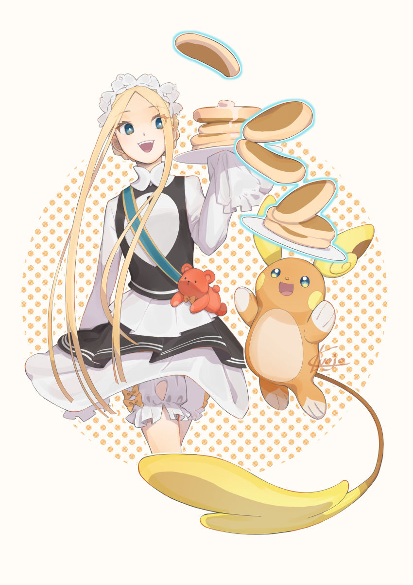 1girl, :d, abigail_williams_(fate), absurdres, alolan_form, alolan_raichu, aqua_eyes, bad_id