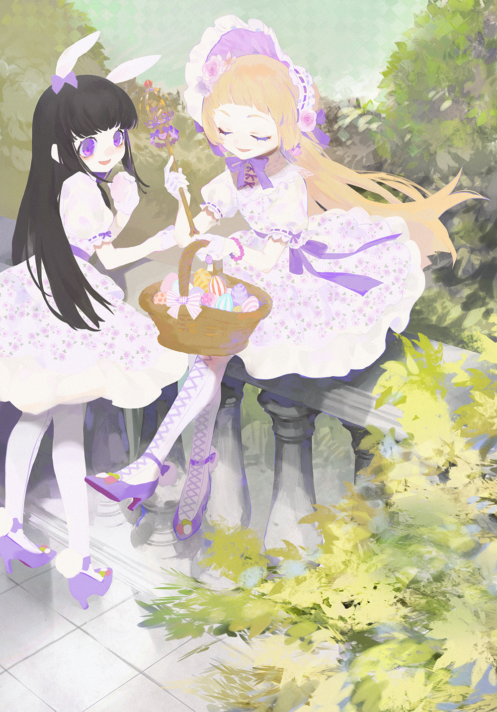 2girls, animal_ears, argyle_background, argyle_clothes, basket, black_hair, blonde_hair, bonnet, bracelet, closed_eyes, colored_eyelashes, cross-laced_clothes, cross-laced_legwear, day, dress, easter_egg, egg, floral_print, flower, frilled_dress, frills, from_behind, full_body, gloves, hair_flower, hair_ornament, highres, holding, jewelry, long_hair, multiple_girls, on_railing, otoca_d'or, outdoors, pearl_bracelet, pom_pom_(clothes), puffy_short_sleeves, puffy_sleeves, purple_eyes, purple_footwear, rabbit_ears, railing, scepter, seina_(otoca_d'or), short_sleeves, shou_(hanasakukoroni), sitting, smile, standing, tile_floor, tiles, tree, waste_(otoca_d'or), white_dress, white_gloves, white_legwear, wind, wind_lift