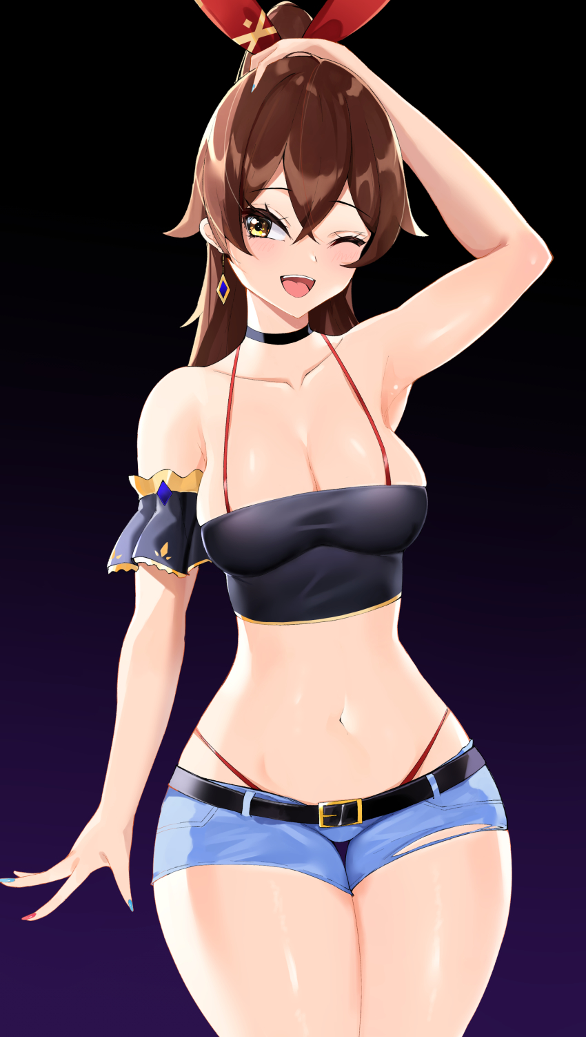 1girl, ;d, absurdres, alternate_costume, amber_(genshin_impact), arm_garter, armpits, bad_id