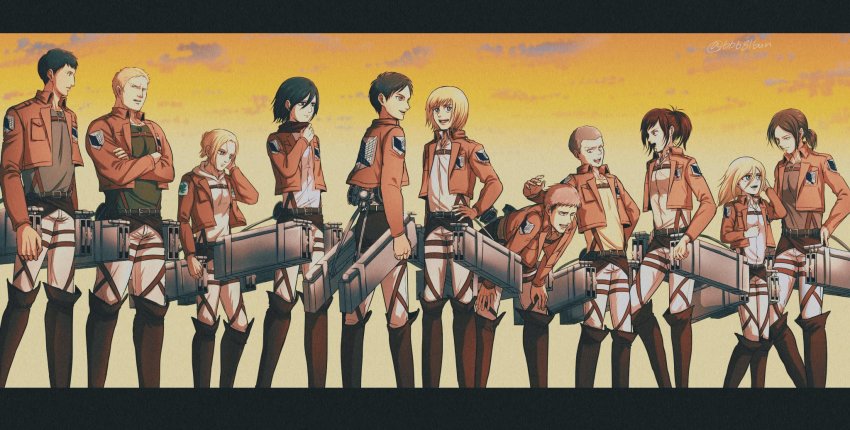 5girls, 6+boys, annie_leonhart, aquiline_nose, armin_arlert, bertolt_hoover, blonde_hair, boots, breasts, brown_hair, bun_(bbb81bun), chest_belt, connie_springer, crossed_arms, eren_yeager, feet_out_of_frame, green_shirt, hand_on_own_hip, height_difference, highres, jean_kirstein, knee_boots, krista_lenz, leaning_forward, leather, leather_boots, long_hair, mikasa_ackerman, multiple_boys, multiple_girls, nose, pants, paradis_military_uniform, pectorals, reiner_braun, sasha_blouse, scarf, shingeki_no_kyojin, shirt, short_hair, smile, sunset, survey_corps_(emblem), talking, three-dimensional_maneuver_gear, white_pants, ymir_(shingeki_no_kyojin)