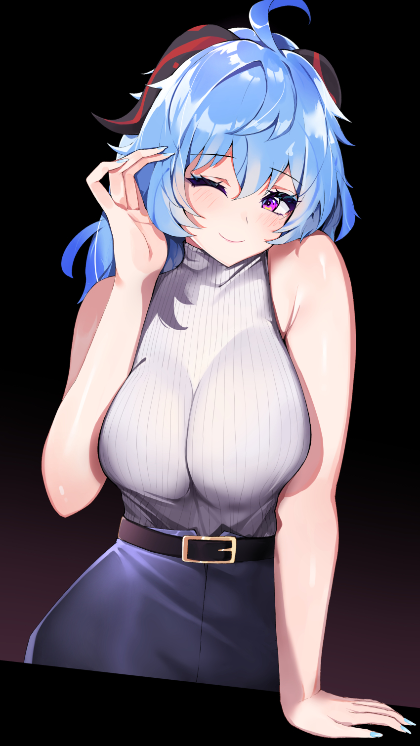 1girl, absurdres, ahoge, alternate_costume, bad_id, bad_pixiv_id, belt, black_background, black_belt, blue_hair, blue_nails, blue_skirt, blush, breasts, closed_mouth, ganyu_(genshin_impact), genshin_impact, goat_horns, gradient_background, highres, horns, large_breasts, long_hair, looking_at_viewer, mutsu_ane_daisuki, nail_polish, one_eye_closed, purple_eyes, simple_background, skirt, sleeveless, sleeveless_sweater, smile, solo, sweater, turtleneck, white_sweater