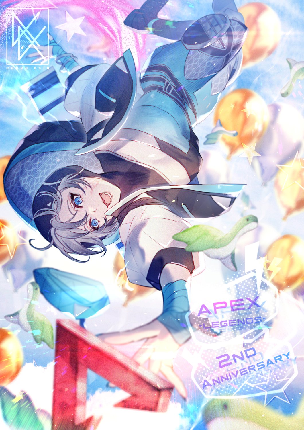 1girl, animification, anniversary, apex_legends, balloon, beret, black_jacket, blue_bodysuit