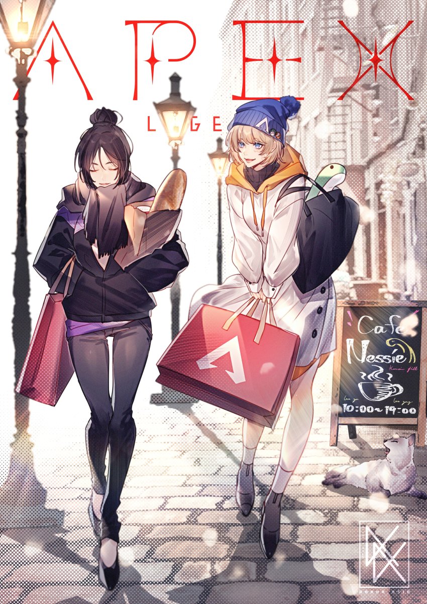 2girls, absurdres, alternate_costume, animification, apex_legends, bag, baguette, black_hair, black_jacket, black_pants, blonde_hair, blue_eyes, bread, cat, closed_eyes, copyright_name, facial_scar, food, hair_bun, hands_in_pockets, highres, holding, holding_bag, jacket, mizutama_(mao11260510), multiple_girls, nessie_(respawn), nikola_(apex_legends), open_mouth, pants, scar, scar_on_cheek, scar_on_face, shopping_bag, short_hair, single_hair_bun, smile, stuffed_toy, walking, wattson_(apex_legends), wraith_(apex_legends)