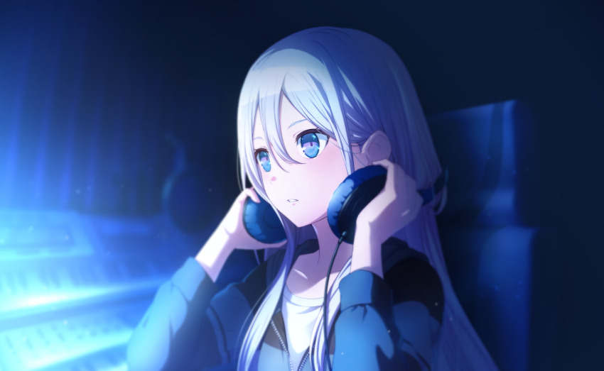 1girl, blue_eyes, blue_jacket, blue_theme, blurry, blurry_background, chair, collarbone
