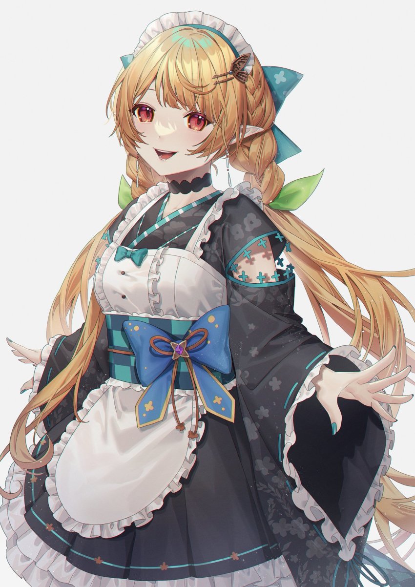 1girl, apron, black_dress, blonde_hair, bow, braid, breasts, butterfly_hair_ornament