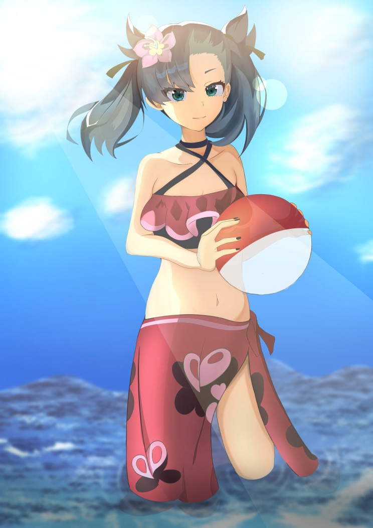 bad_id, bad_pixiv_id, ball, beachball, bikini, black_hair, black_nails, blue_sky