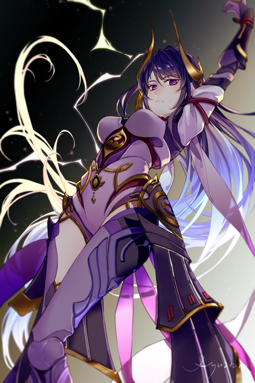 1girl, alternate_costume, alternate_hairstyle, arm_up, armor, black_background, blue_hair, breasts