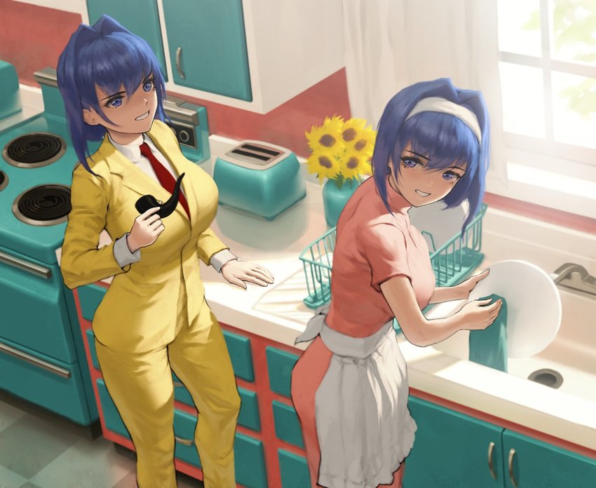 2girls, alterego, apron, breasts, couple, dishwashing, doppelganger, flower, formal_clothes, hololive, hololive_english, infi, kitchen, multiple_girls, necktie, ouro_kronii, smoking_pipe, suit, sunflower, toaster, vintage, virtual_youtuber, yellow_suit