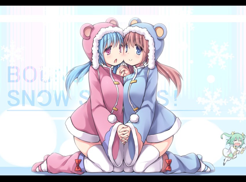 3girls, animal_ears, bear_ears, bear_girl, blue_background, blue_hair, doyagao, dress