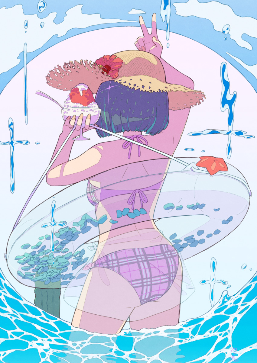 1girl, arm_up, ass, bikini, blue_hair, brown_hat, commentary_request, cross