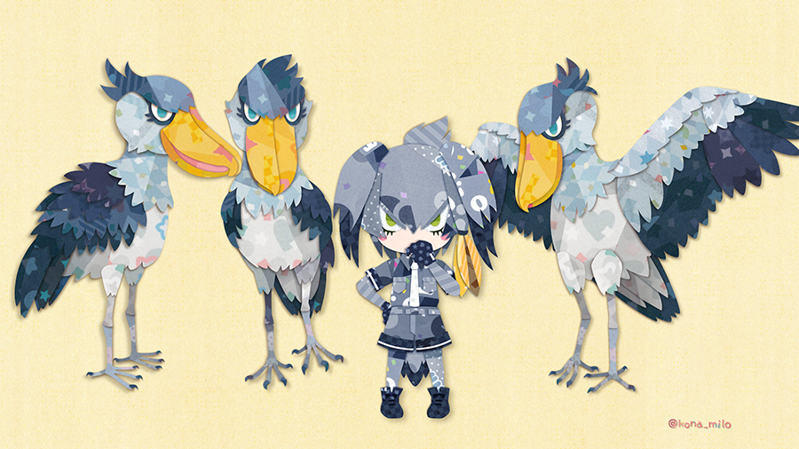 animal_ears, gloves, kemono_friends, kemono_friends_2, kemono_friends_3, kikuchi_milo, necktie, school_uniform, shirt, shoebill_(kemono_friends), skirt, tail