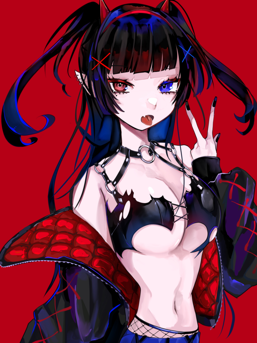 1girl, absurdres, bare_shoulders, black_hair, black_jacket, black_nails, blue_eyes, blue_hair