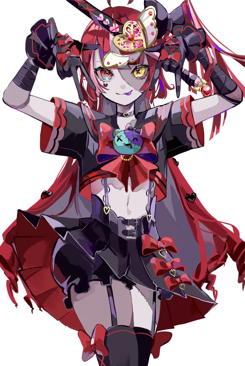 1girl, absurdres, ahoge, aqua_eyes, arms_up, bandaged_arm, bandages, black_gloves, black_skirt, black_thighhighs, bow, broken_heart, choker, closed_mouth, colored_tongue, double_w, facial_mark, frilled_gloves, frills, gloves, hair_ornament, heart, heart-shaped_pupils, heart_choker, heart_facial_mark, heart_hair_ornament, highres, hololive, hololive_indonesia, kureiji_ollie, large_bow, long_hair, magical_girl, mamiya_miya, multicolored_eyes, multicolored_hair, navel, patchwork_skin, pink_hair, purple_choker, purple_hair, purple_tongue, red_bow, red_eyes, red_hair, simple_background, skirt, solo, stitches, sword, symbol-shaped_pupils, thighhighs, tongue, tongue_out, very_long_hair, virtual_youtuber, w, weapon, white_background, x_(symbol), x_x, yellow_eyes