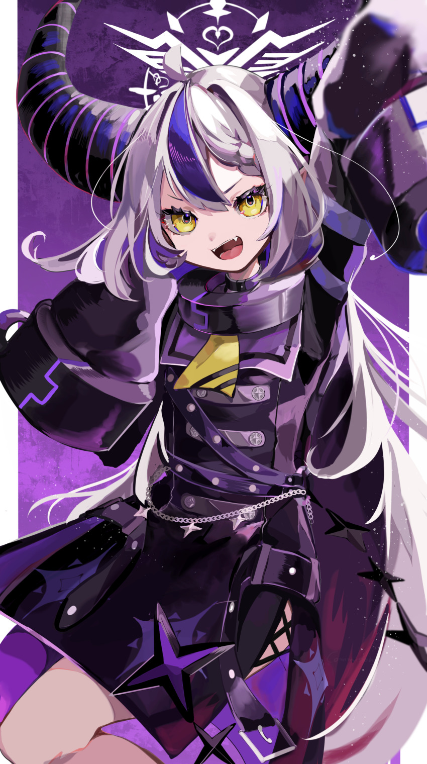 1girl, absurdres, ahoge, arm_up, belt, black_horns, braid, chain