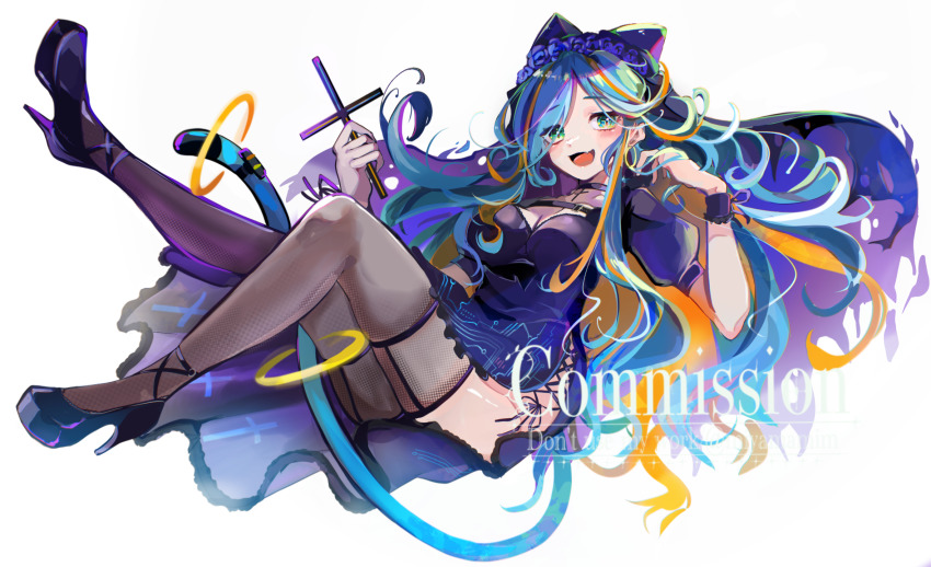 1girl, black_footwear, blue_flower, blue_hair, blue_rose, blush, choker, circuit_board_print